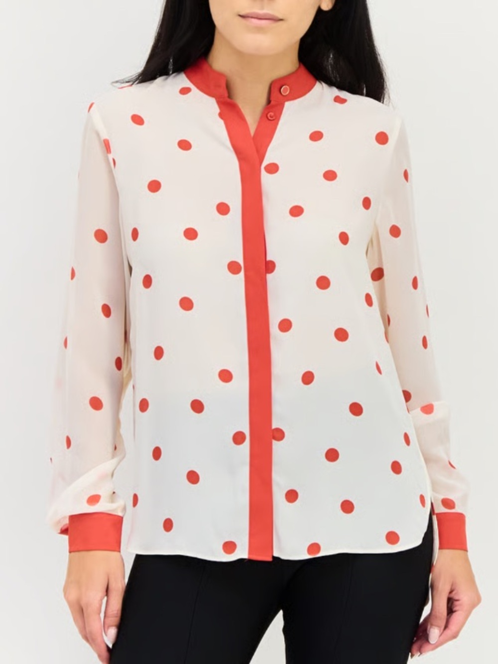 Anne Klein Sheer Button Down Blouse with Red Polka Dots and Red Trim